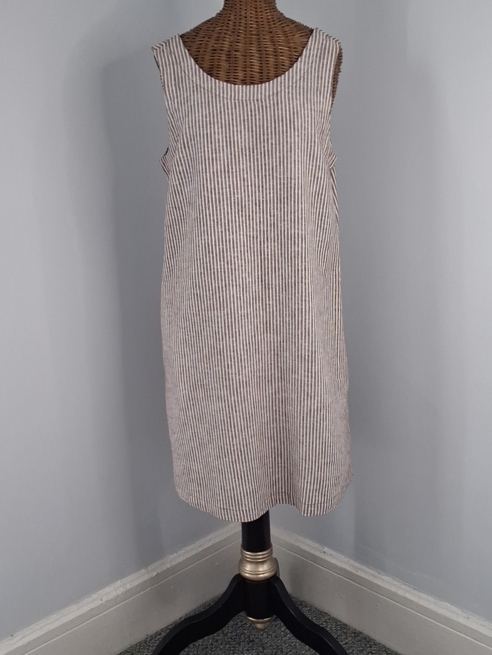 Tahari Beige and White Striped Midi Shift Dress